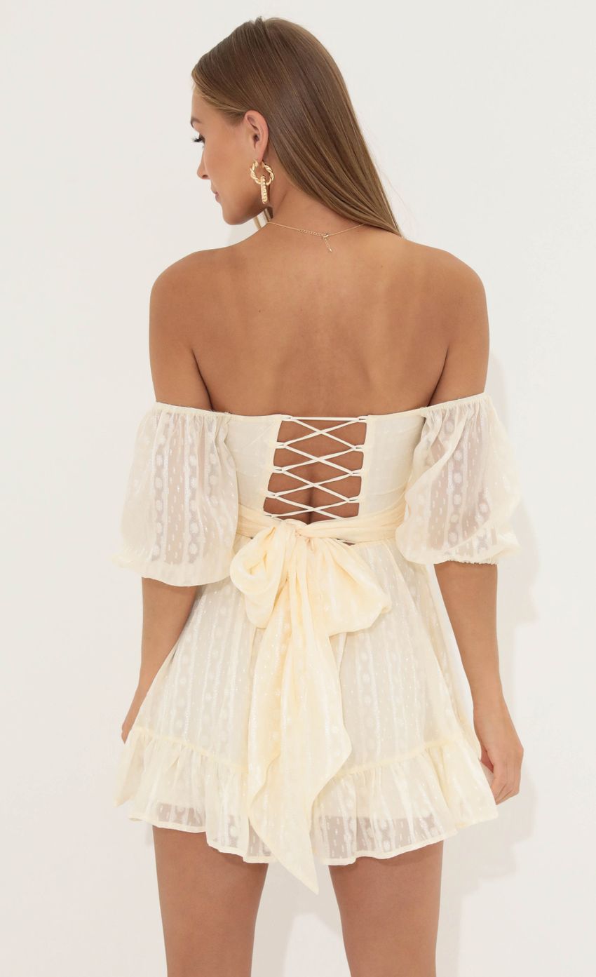 Picture Chiffon Off The Shoulder Dress in Cream. Source: https://media-img.lucyinthesky.com/data/May22_2/850xAUTO/1V9A0466.JPG