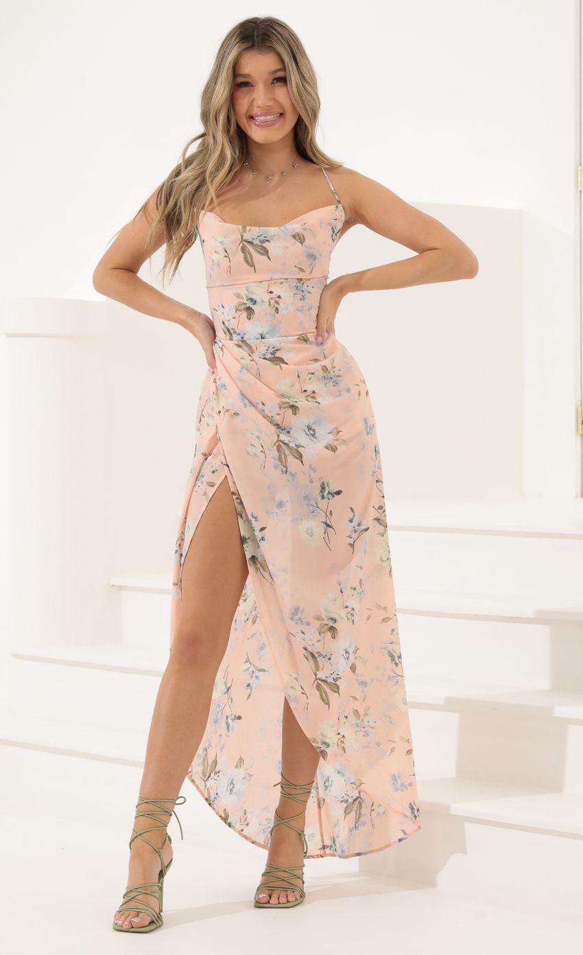 Picture Chiffon Chelsea Print Luxe Maxi Dress in Peach Foil. Source: https://media-img.lucyinthesky.com/data/May22_2/850xAUTO/1V9A2263.JPG
