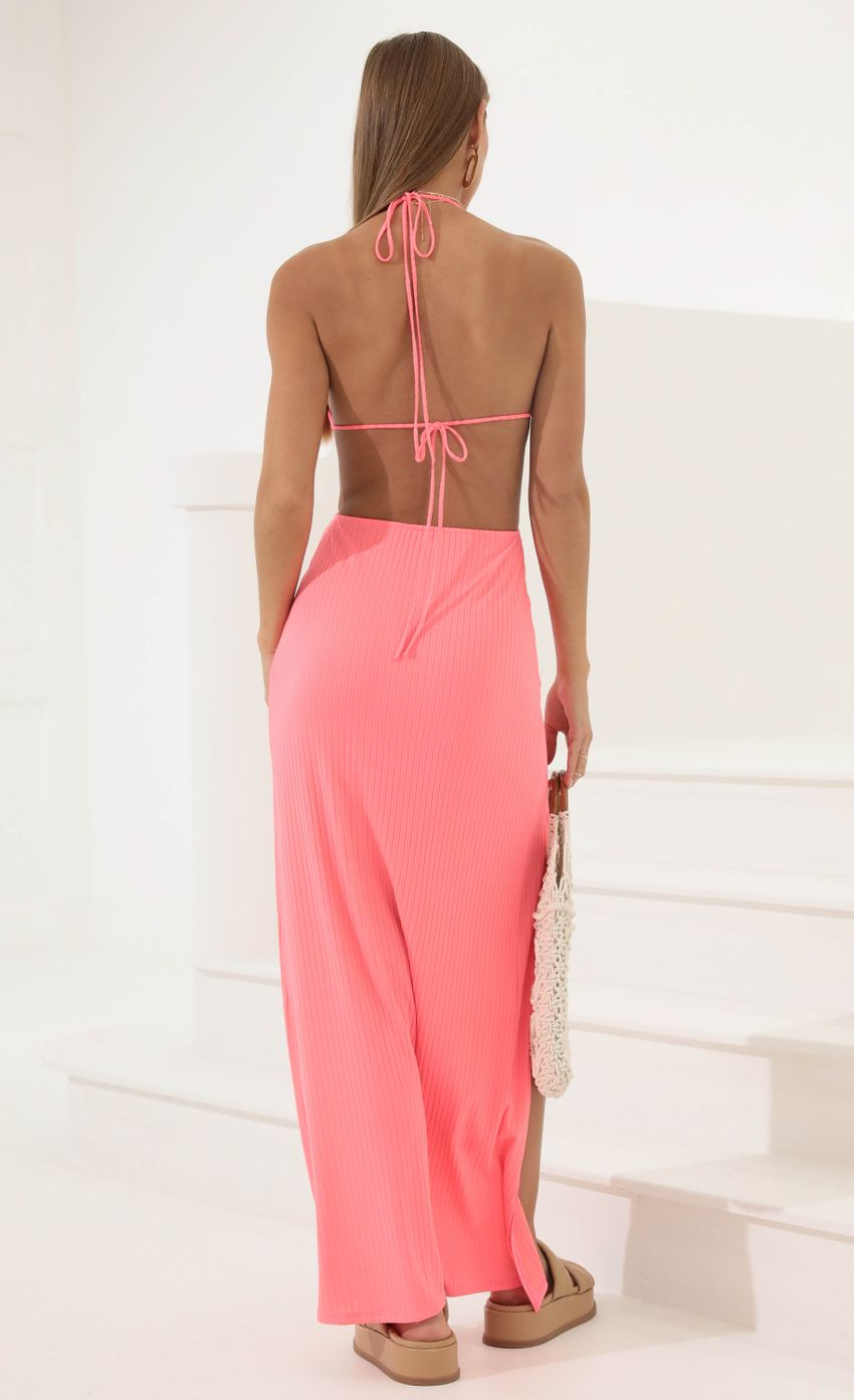 Picture Bikini Cutout Maxi Dress in Neon Pink. Source: https://media-img.lucyinthesky.com/data/May22_2/850xAUTO/1V9A3045.JPG