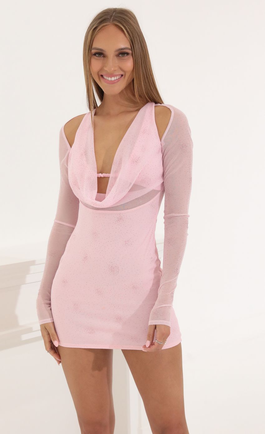 Picture Mesh Cowl Neck Dress in Pink Glitter. Source: https://media-img.lucyinthesky.com/data/May22_2/850xAUTO/1V9A5296.JPG