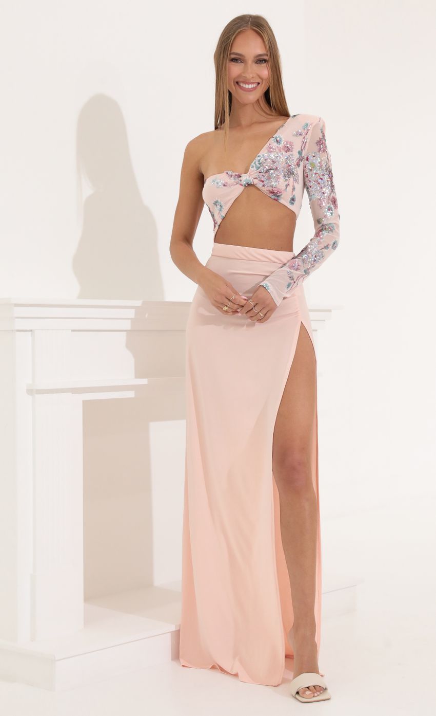 Picture One Shoulder Sequin Maxi Dress in Pink. Source: https://media-img.lucyinthesky.com/data/May22_2/850xAUTO/1V9A9626.JPG