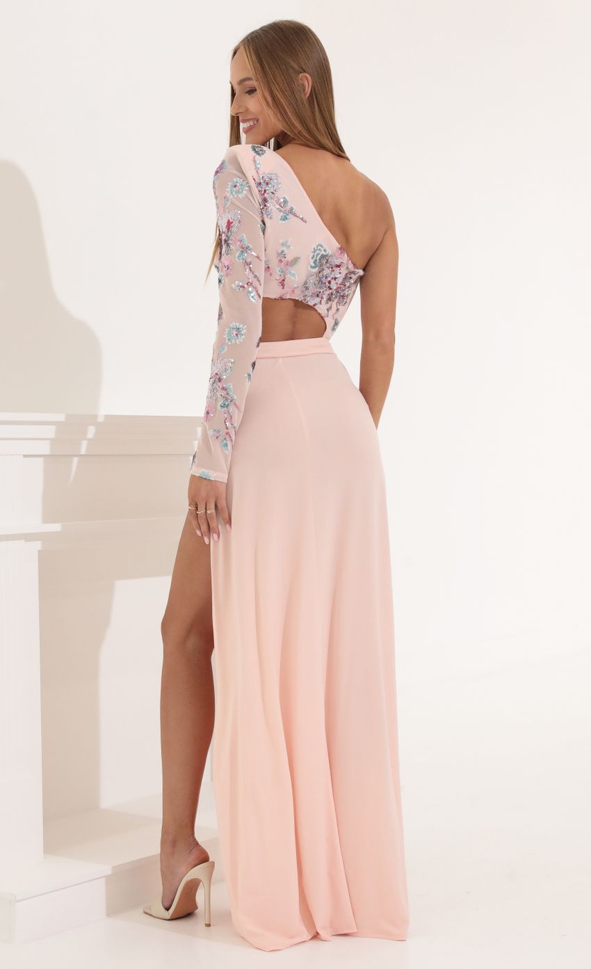 Picture One Shoulder Sequin Maxi Dress in Pink. Source: https://media-img.lucyinthesky.com/data/May22_2/850xAUTO/1V9A9782.JPG