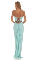 Picture Foiled Foiled Corset Strapless Dress in Turquoise. Source: https://media-img.lucyinthesky.com/data/May23/150xAUTO/79b8721e-8ff7-44e4-bc63-7597008e94be.jpg