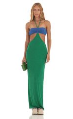 Picture Two Toned Cutout Maxi Dress in Blue and Green. Source: https://media-img.lucyinthesky.com/data/May23/150xAUTO/ae0f510a-5c9b-4611-ae26-3b799fd0d2b0.jpg
