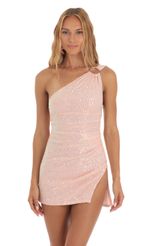 Picture Sequin One Shoulder Mini Dress in Pink. Source: https://media-img.lucyinthesky.com/data/May23/150xAUTO/d5d7b191-f1b5-408c-91bd-ec958744247d.jpg