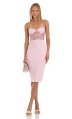 Picture Cutout Lace Midi Dress in Pink. Source: https://media-img.lucyinthesky.com/data/May23/150xAUTO/f8f518a9-27f5-450d-8a43-99b596ac1f6e.jpg