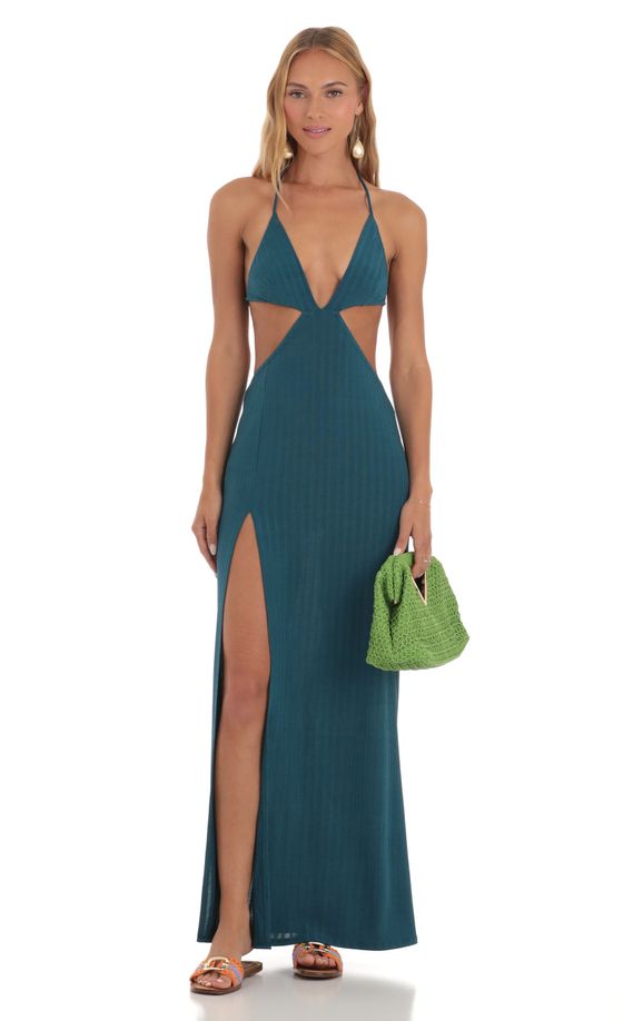 Striped Bikini Cutout Maxi Dress in Blue