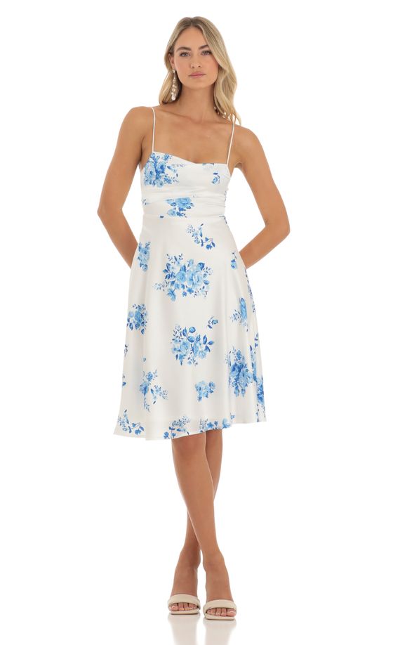Satin Floral Midi Dress in White