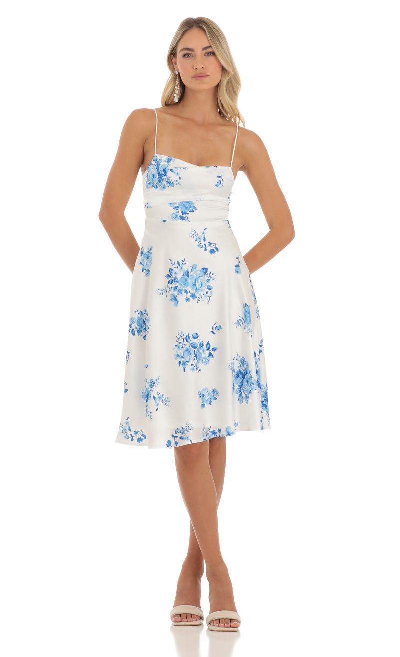 Satin Floral Midi Dress in White | LUCY IN THE SKY Satin Floral Midi Dress in White | LUCY IN THE SKY