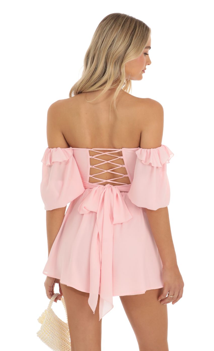 Picture Chiffon Off The Shoulder Romper in Baby Pink. Source: https://media-img.lucyinthesky.com/data/May23/850xAUTO/0348aeb5-72c6-4ecb-9bed-801036a60b7e.jpg