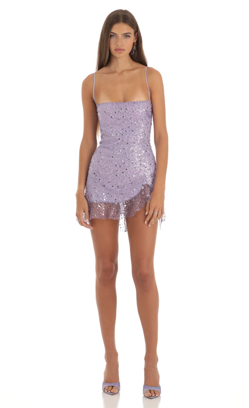Picture Shimmer Sequin Ruffle Dress in Purple. Source: https://media-img.lucyinthesky.com/data/May23/850xAUTO/1a1d71c1-c452-45e8-9a8e-a0a235248964.jpg