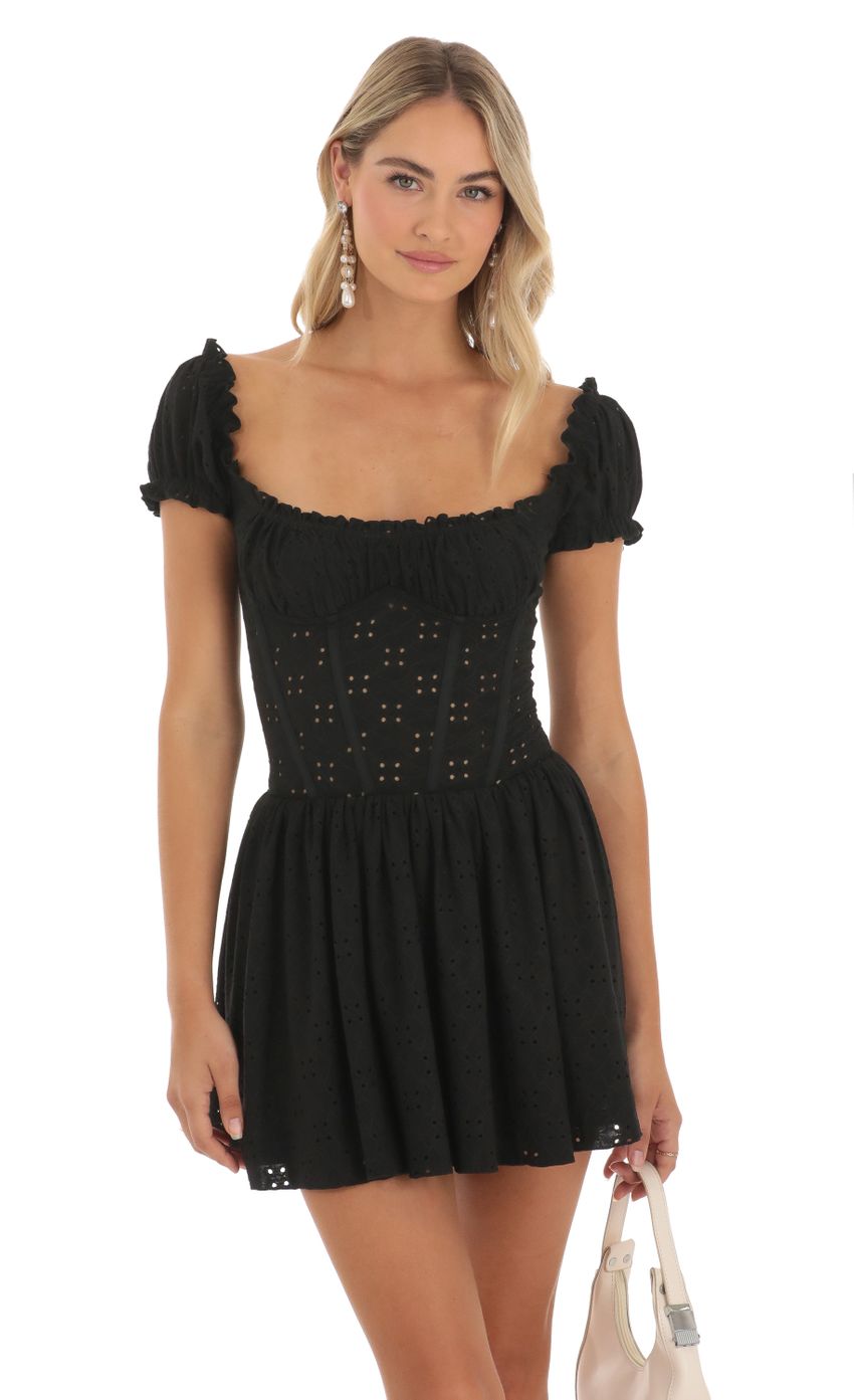 Picture Corset Puff Sleeve Dress in Black. Source: https://media-img.lucyinthesky.com/data/May23/850xAUTO/1a770583-5de9-48c8-84ec-4231e080b5e5.jpg