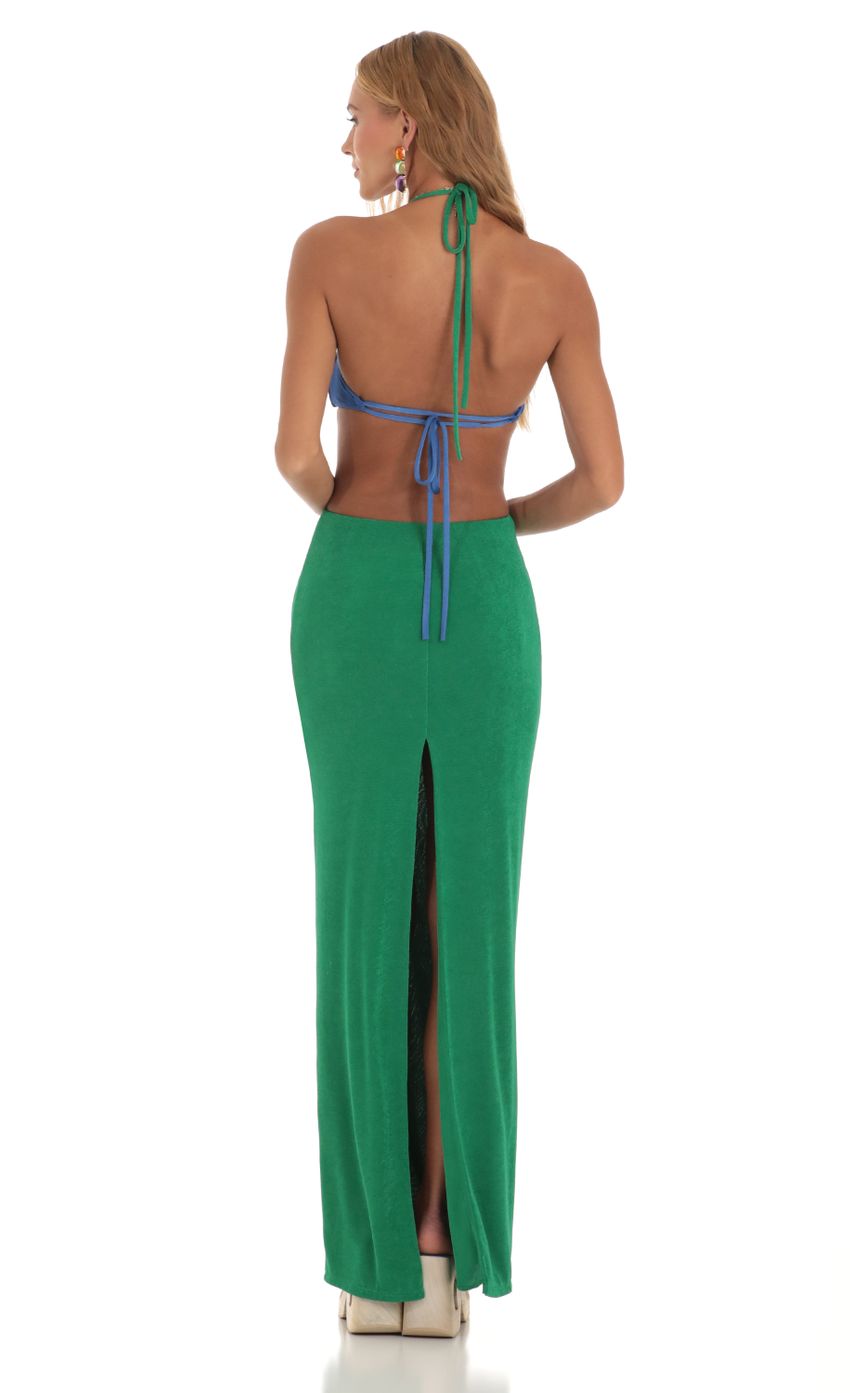 Picture Two Toned Cutout Maxi Dress in Blue and Green. Source: https://media-img.lucyinthesky.com/data/May23/850xAUTO/28404f70-cd39-4324-9be7-e7c5cd183784.jpg