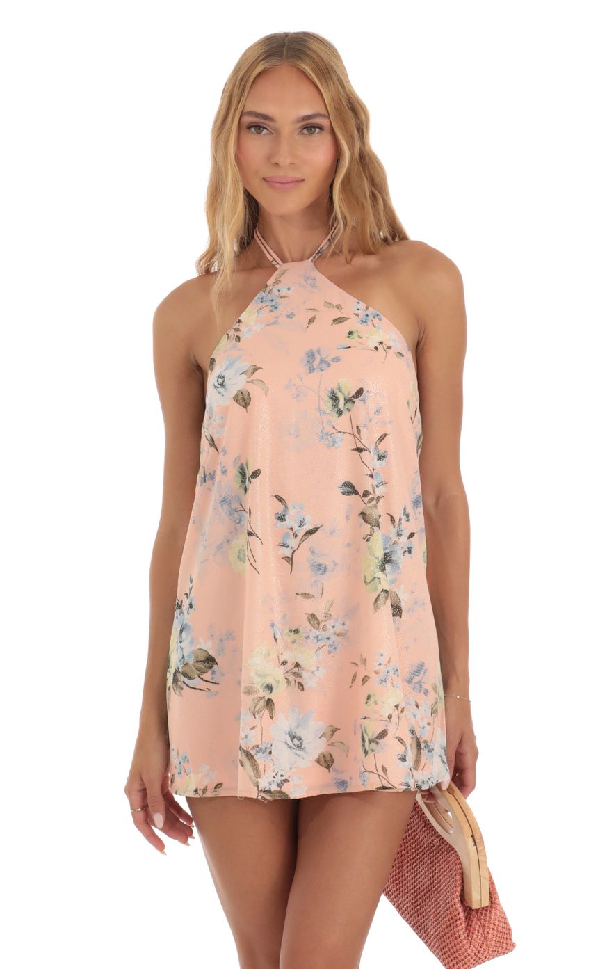 Picture Maya Foiled Floral Mini Dress in Peach. Source: https://media-img.lucyinthesky.com/data/May23/850xAUTO/442e5135-76e1-48e9-844a-8617d86228d0.jpg