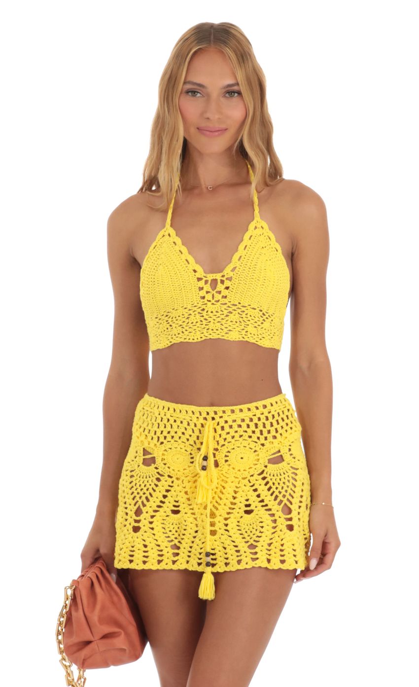 Picture Crochet Three Piece Skirt Set in Yellow. Source: https://media-img.lucyinthesky.com/data/May23/850xAUTO/46e92f43-2243-4fc2-81a5-79be3f5c0ea0.jpg