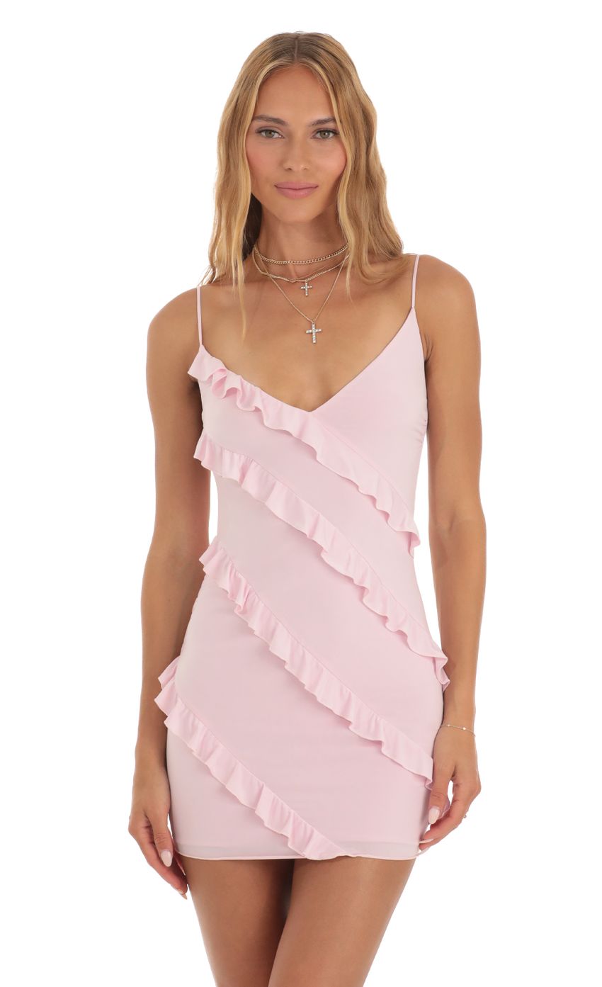 Picture Ruffle Mini Dress in Pink. Source: https://media-img.lucyinthesky.com/data/May23/850xAUTO/49c647f6-5c52-4267-86fd-34d4b9225101.jpg