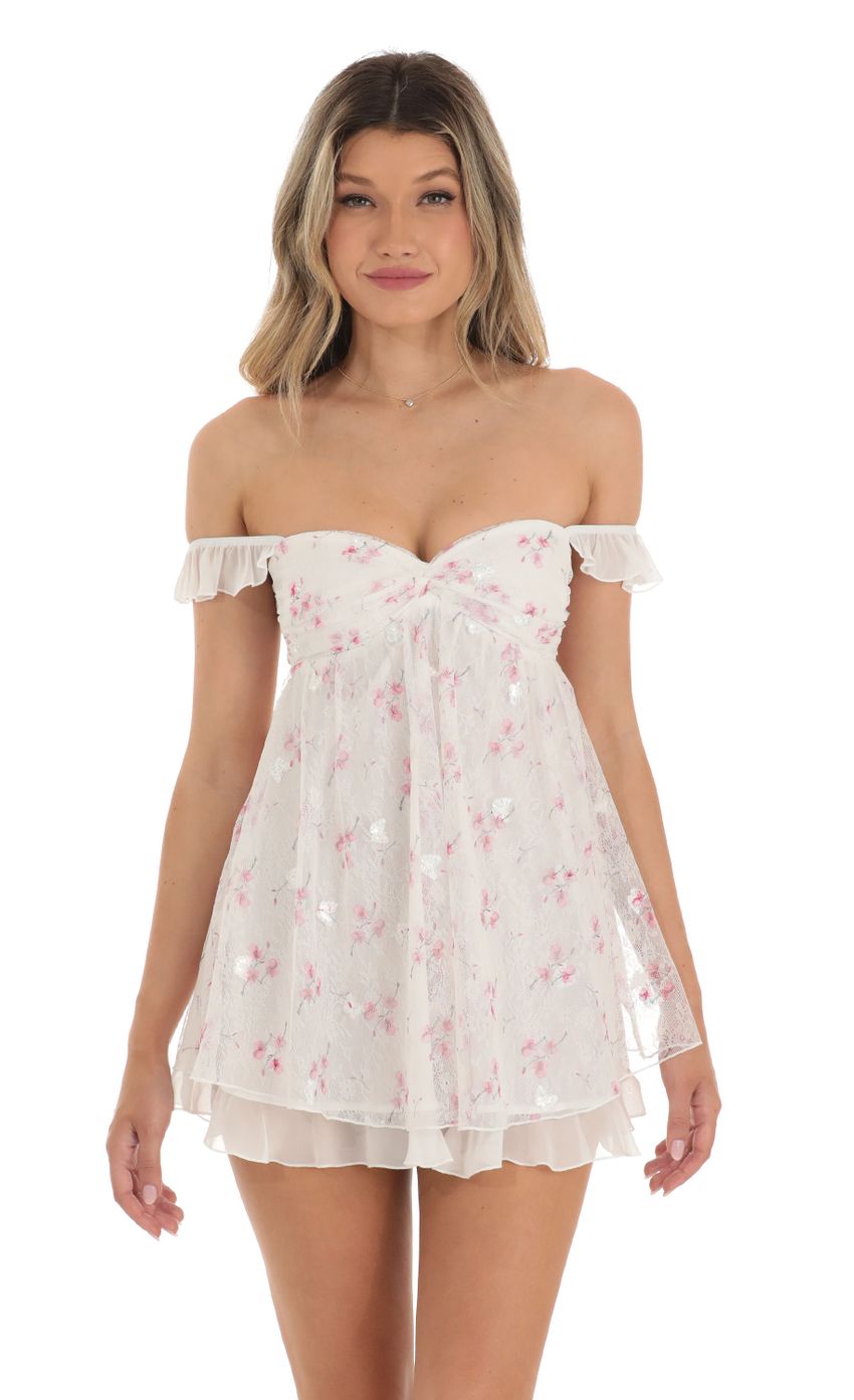Picture Off Shoulder Babydoll Dress in White Floral Lace. Source: https://media-img.lucyinthesky.com/data/May23/850xAUTO/4fa3863c-183e-4156-b713-342f56de8421.jpg