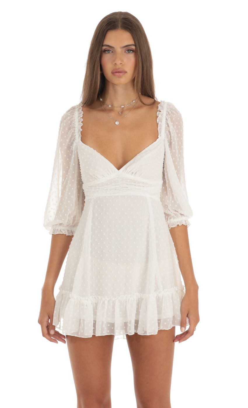 Picture Chiffon Dotted A-Line Mini Dress in White. Source: https://media-img.lucyinthesky.com/data/May23/850xAUTO/5914c45f-6ed7-48be-8798-7f62634681c5.jpg