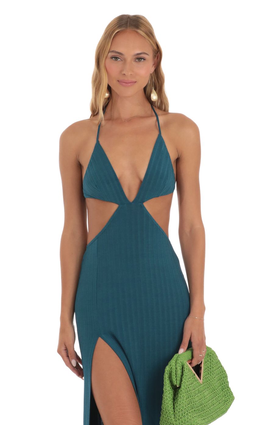 Picture Striped Bikini Cutout Maxi Dress in Blue. Source: https://media-img.lucyinthesky.com/data/May23/850xAUTO/5ee000a5-b0bc-441a-b5c7-3b7d578c16e8.jpg