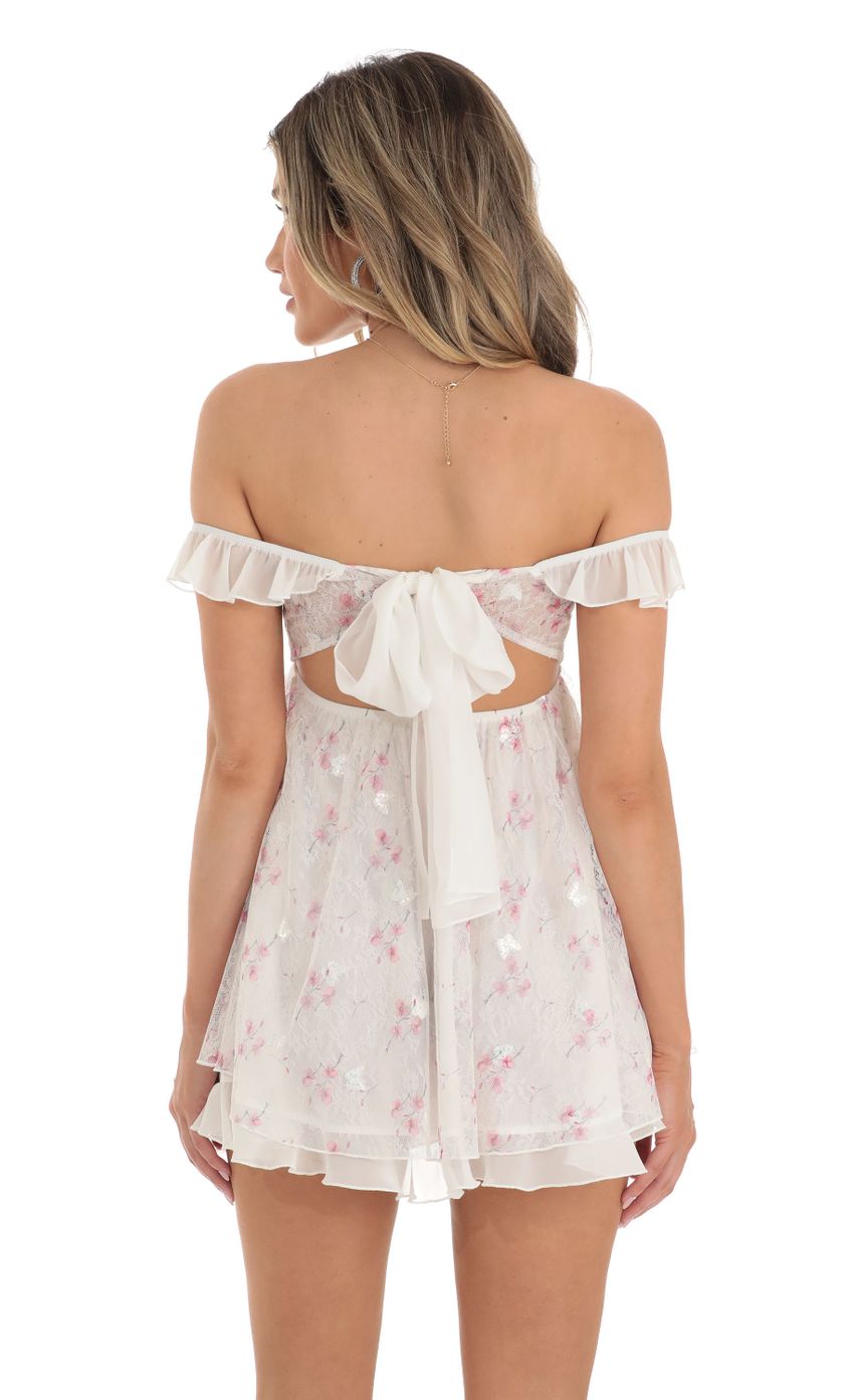 Picture Off Shoulder Babydoll Dress in White Floral Lace. Source: https://media-img.lucyinthesky.com/data/May23/850xAUTO/6ad2206d-f0b4-41f2-a4d4-4431edb6e6b3.jpg