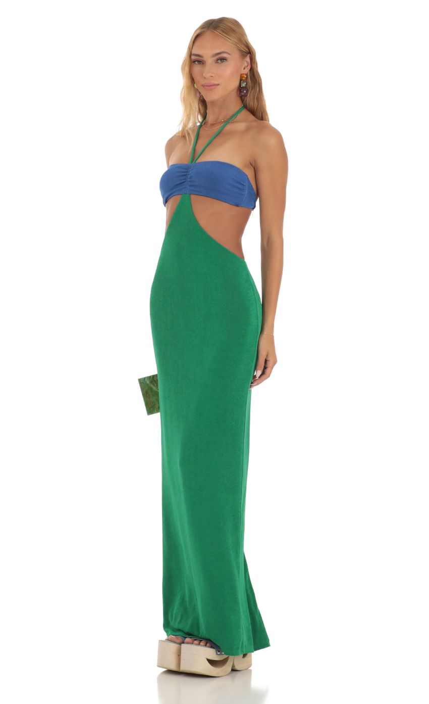 Picture Two Toned Cutout Maxi Dress in Blue and Green. Source: https://media-img.lucyinthesky.com/data/May23/850xAUTO/7655b7fc-1dbf-4071-a099-9ff8149460ac.jpg