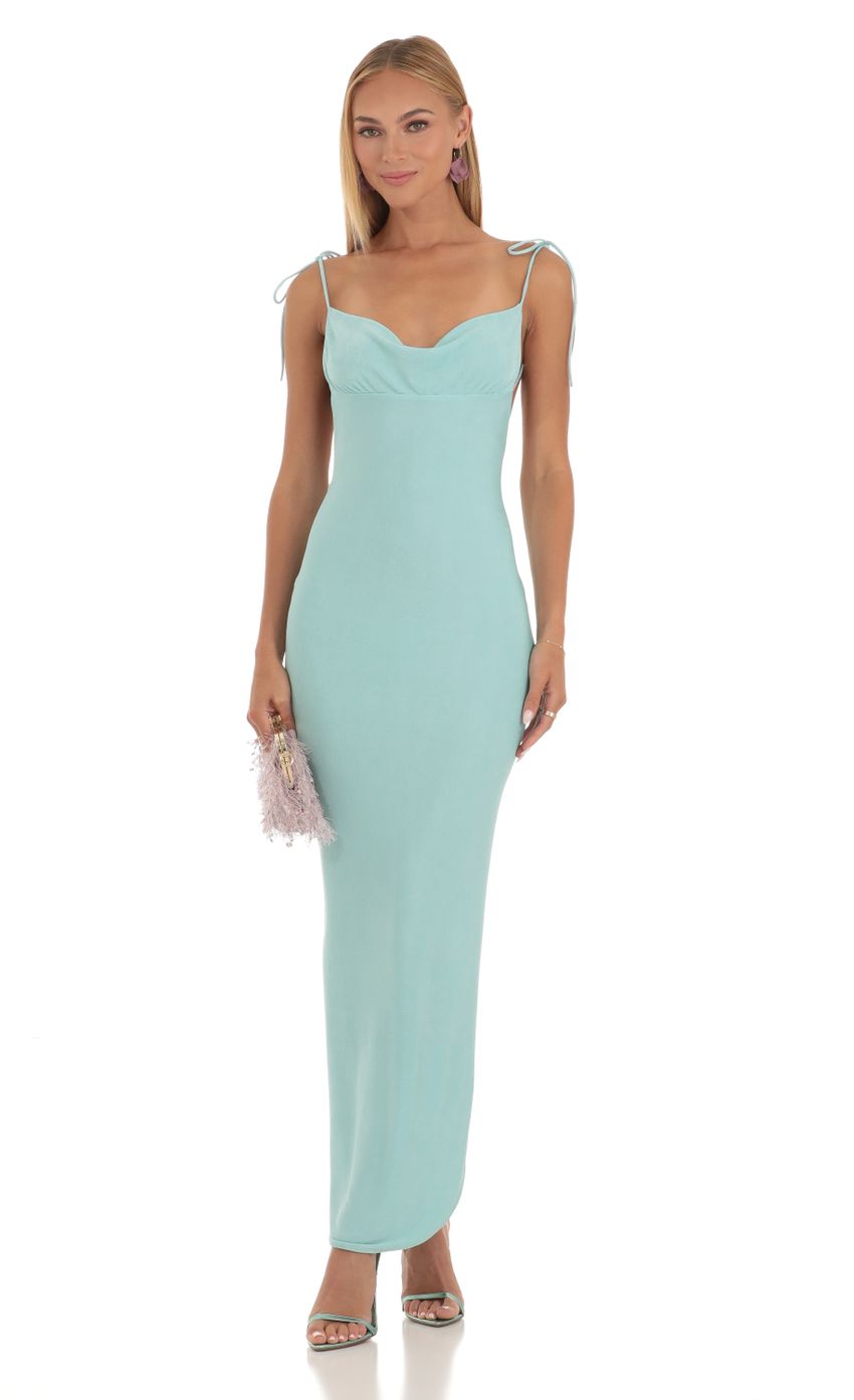 Picture Slinky Back Slit Maxi Dress in Aqua. Source: https://media-img.lucyinthesky.com/data/May23/850xAUTO/95a69f93-0c8e-483f-876c-3bc318d73a69.jpg