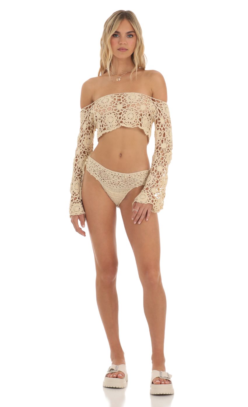 Picture Crochet Off Shoulder Two Piece Bikini Set in Light Brown. Source: https://media-img.lucyinthesky.com/data/May23/850xAUTO/b1600600-cd52-4896-9798-06d07882526e.jpg