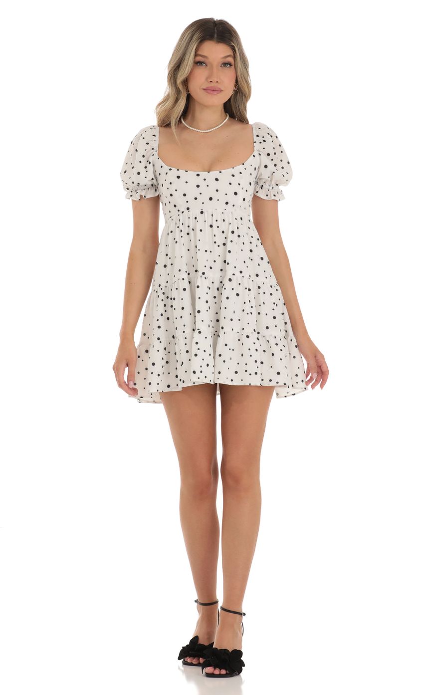 Picture Fit and Flare Dress in Dot White. Source: https://media-img.lucyinthesky.com/data/May23/850xAUTO/c2e2aaa1-148c-497b-974b-2fee3261a6f1.jpg