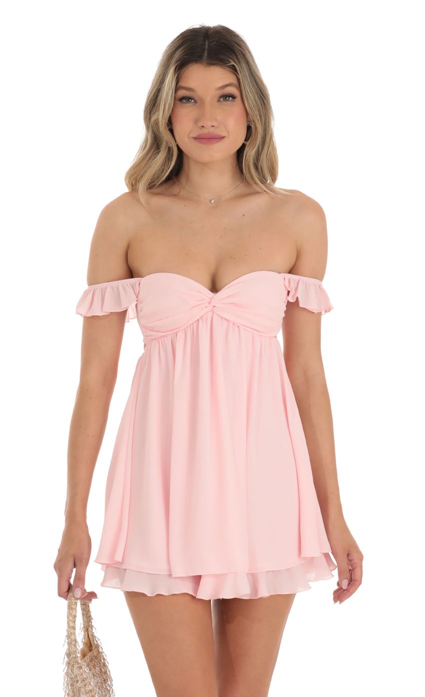 Picture Off Shoulder Babydoll Dress in Pink. Source: https://media-img.lucyinthesky.com/data/May23/850xAUTO/d6378136-3663-45a5-a47e-27e505abeedf.jpg