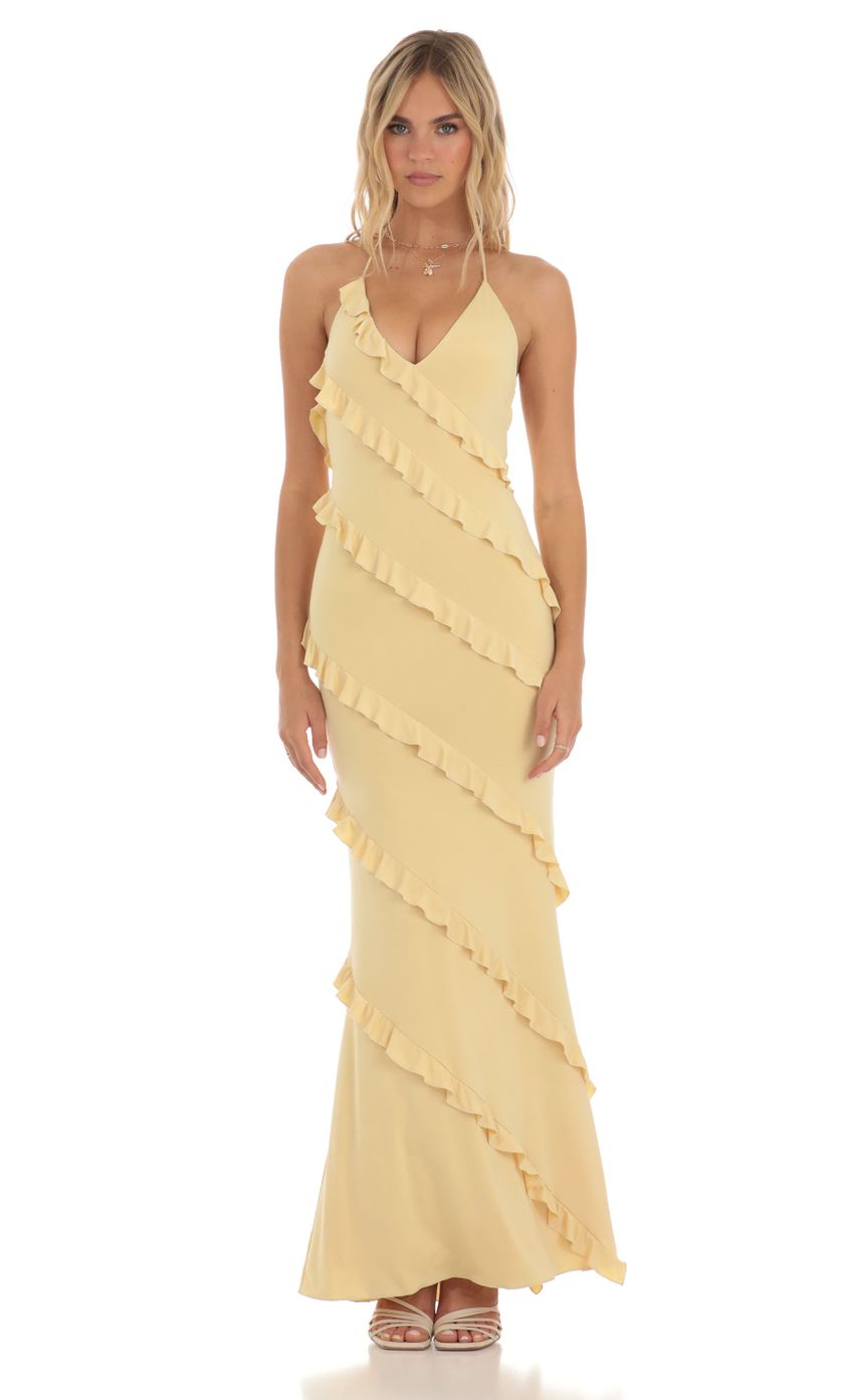 Picture Ruffle Halter Maxi Dress in Yellow. Source: https://media-img.lucyinthesky.com/data/May23/850xAUTO/e0557106-c4b8-41c9-9a5d-d17e8d6e056a.jpg