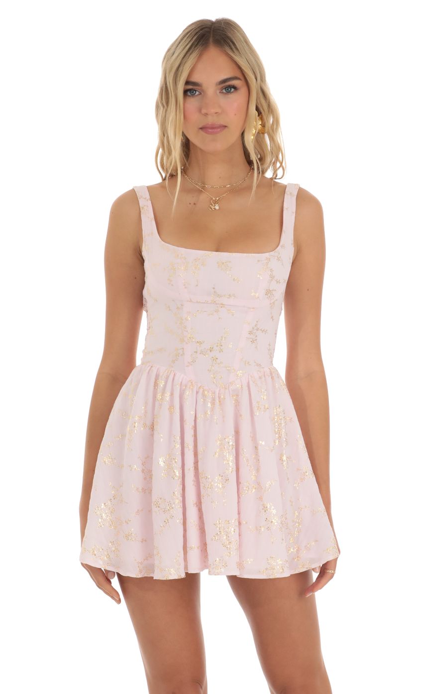 Picture Floral Shimmer Mini Dress in Pink. Source: https://media-img.lucyinthesky.com/data/May23/850xAUTO/f72429a5-d5ee-4ffa-8078-50923ce16734.jpg