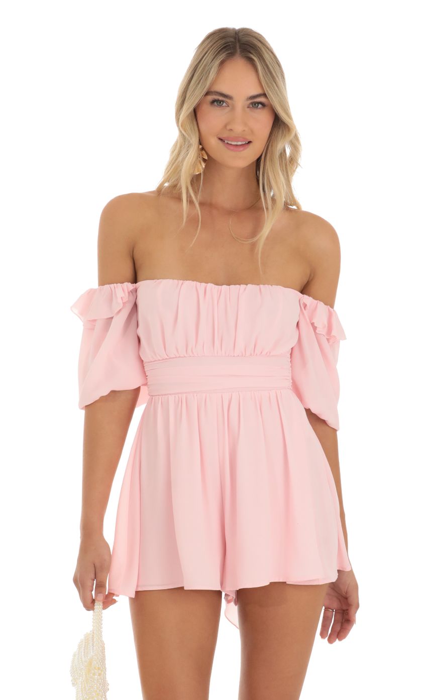 Picture Chiffon Off The Shoulder Romper in Baby Pink. Source: https://media-img.lucyinthesky.com/data/May23/850xAUTO/fe000dcc-c856-4c6d-8754-36c270692a15.jpg