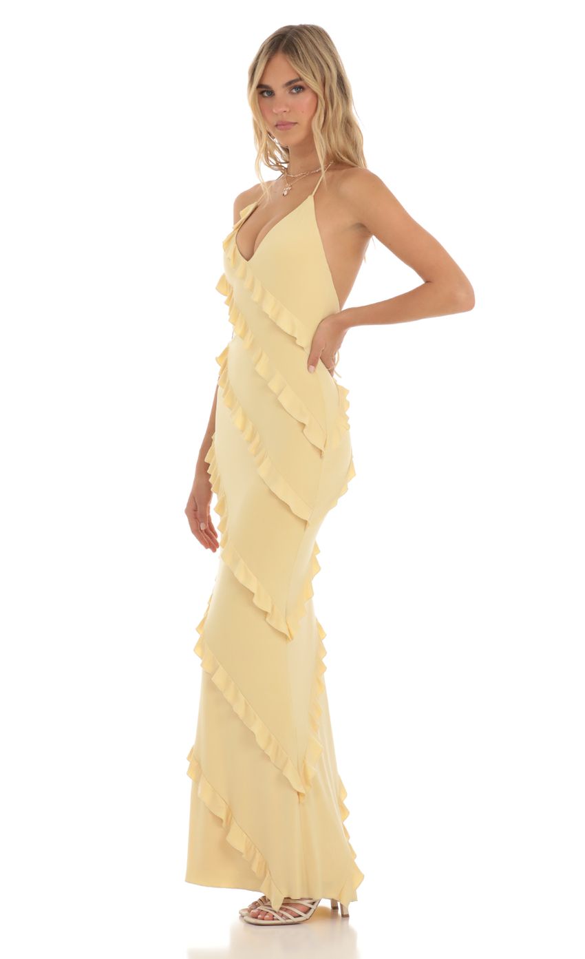 Picture Ruffle Halter Maxi Dress in Yellow. Source: https://media-img.lucyinthesky.com/data/May23/850xAUTO/ff7b6344-ee88-4344-914a-b52cb65070c7.jpg
