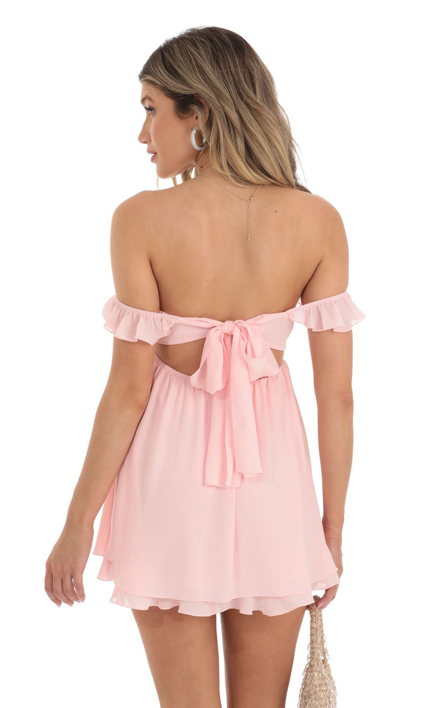 Picture Off Shoulder Babydoll Dress in Pink. Source: https://media-img.lucyinthesky.com/data/May23/850xAUTO/ffcd315c-487b-42cd-b297-e3b8fb7f916f.jpg