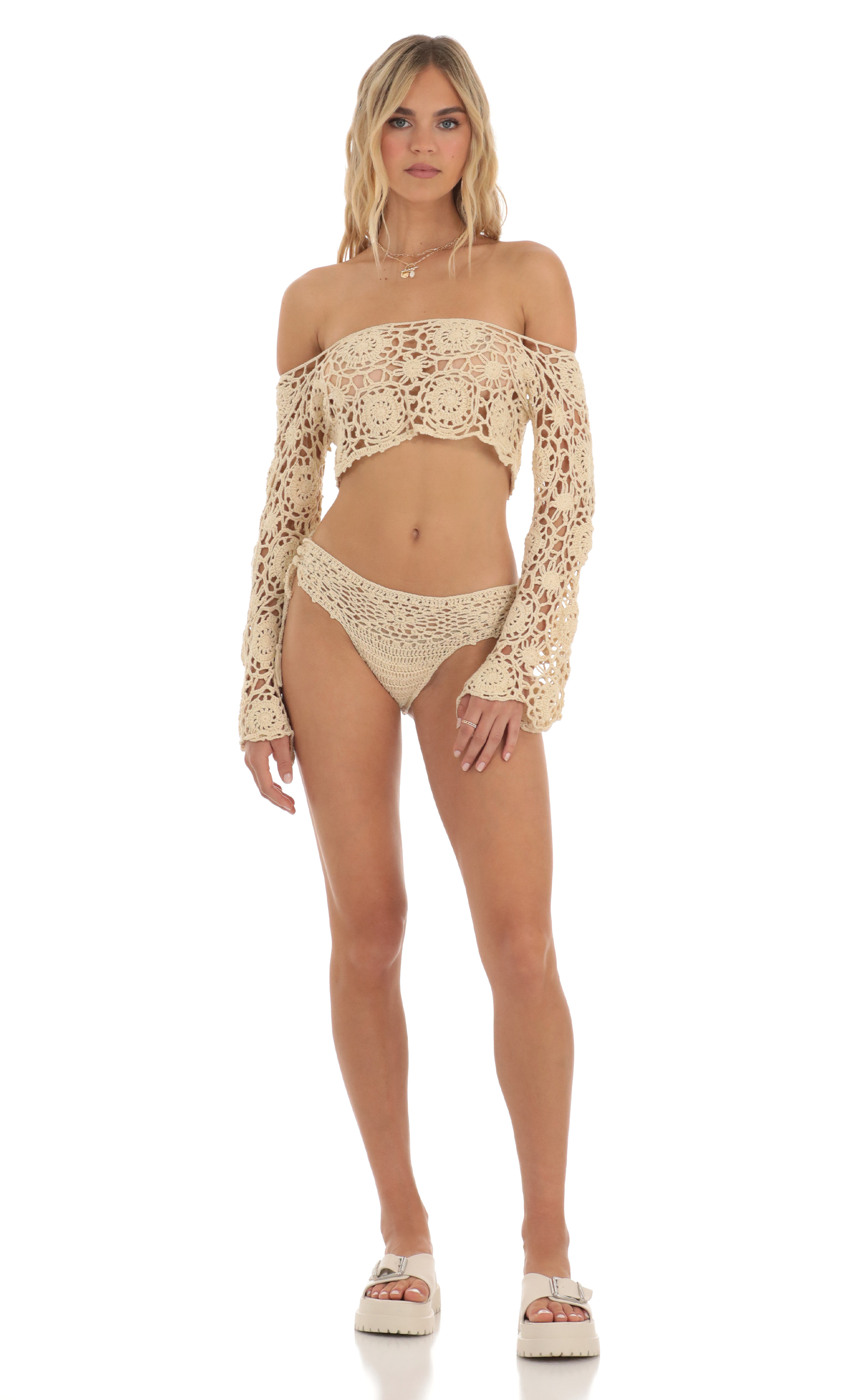 Crochet Off Shoulder Two Piece Bikini Set in Light Brown