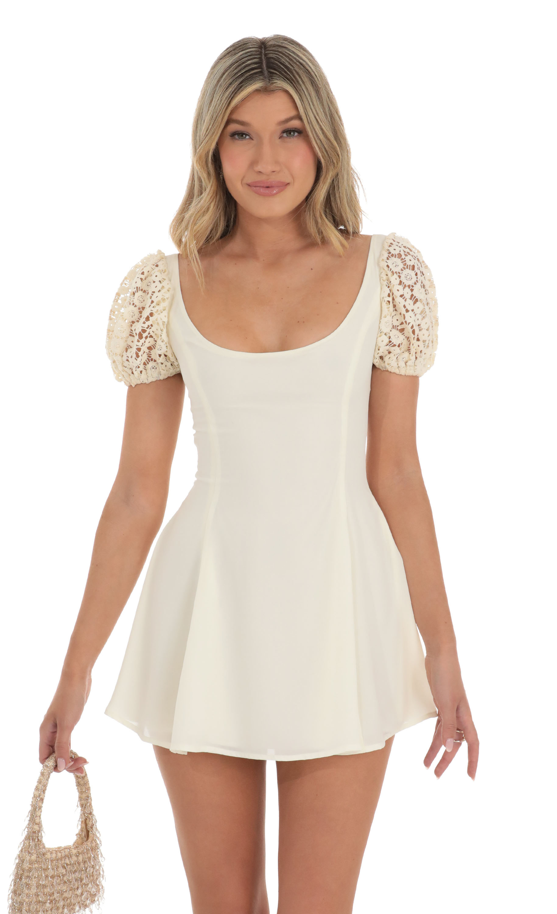 Puff Sleeve Dress in Cream with Crochet Sleeves