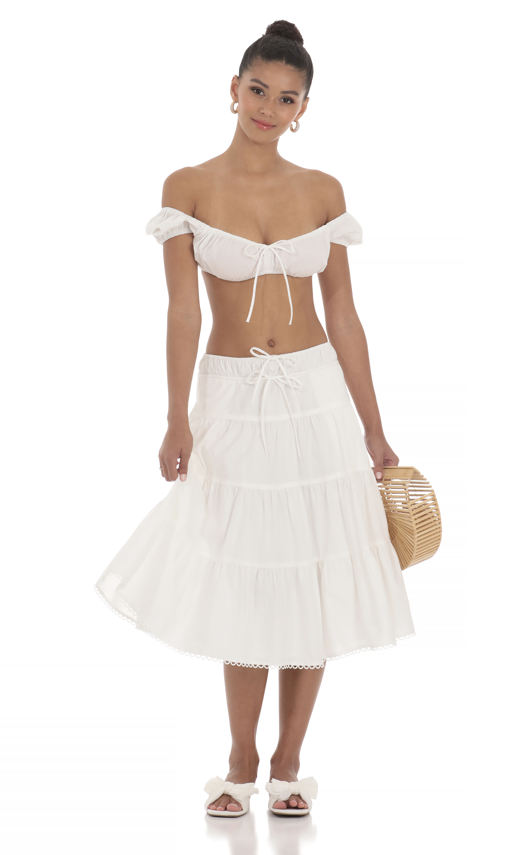 Cotton Drawstring Midi Skirt in White