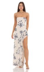 Picture Floral Mesh Strapless Triple Ruffle Maxi Dress in Cream. Source: https://media-img.lucyinthesky.com/data/May24/150xAUTO/18227ff6-5ac7-4c02-a56f-36cbf4530244.jpg