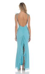 Picture Mesh Open Back Maxi Dress in Aqua. Source: https://media-img.lucyinthesky.com/data/May24/150xAUTO/365c5753-4a0a-4d90-b86e-63abf2dcf1bc.jpg