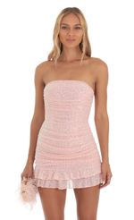 Picture Sequin Ruched Bodycon Dress in Pink. Source: https://media-img.lucyinthesky.com/data/May24/150xAUTO/92b2446d-87a5-499f-97d7-fcb698b339f7.jpg