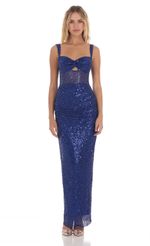 Picture Sequin Pear Twist Ruched Maxi Dress in Blue. Source: https://media-img.lucyinthesky.com/data/May24/150xAUTO/a24e0701-efb7-4c5a-bc00-f67bbb328c80.jpg