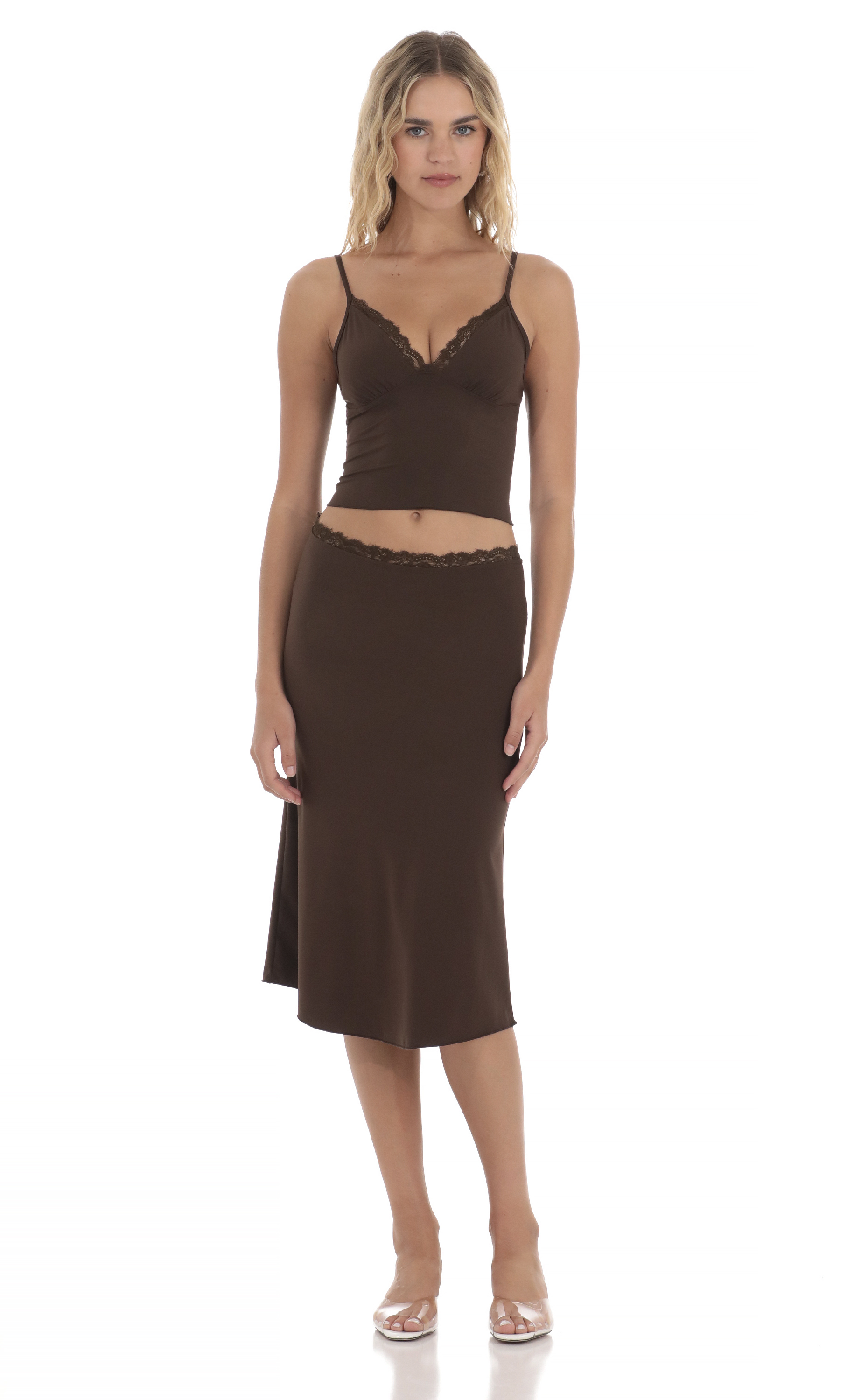 Lace Trim Two Piece Set in Brown