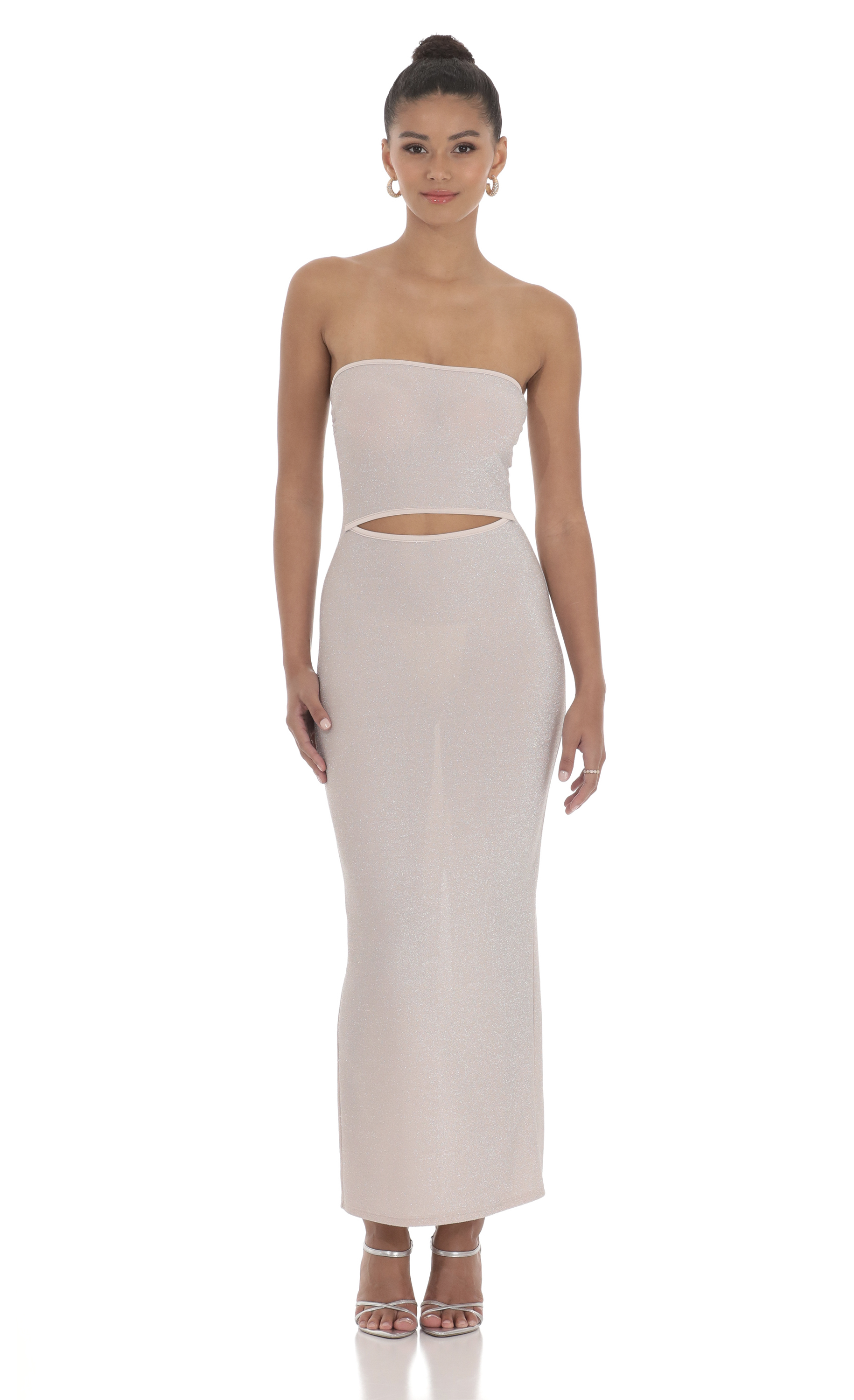 Shimmer Cutout Strapless Maxi Dress in Mauve Pink