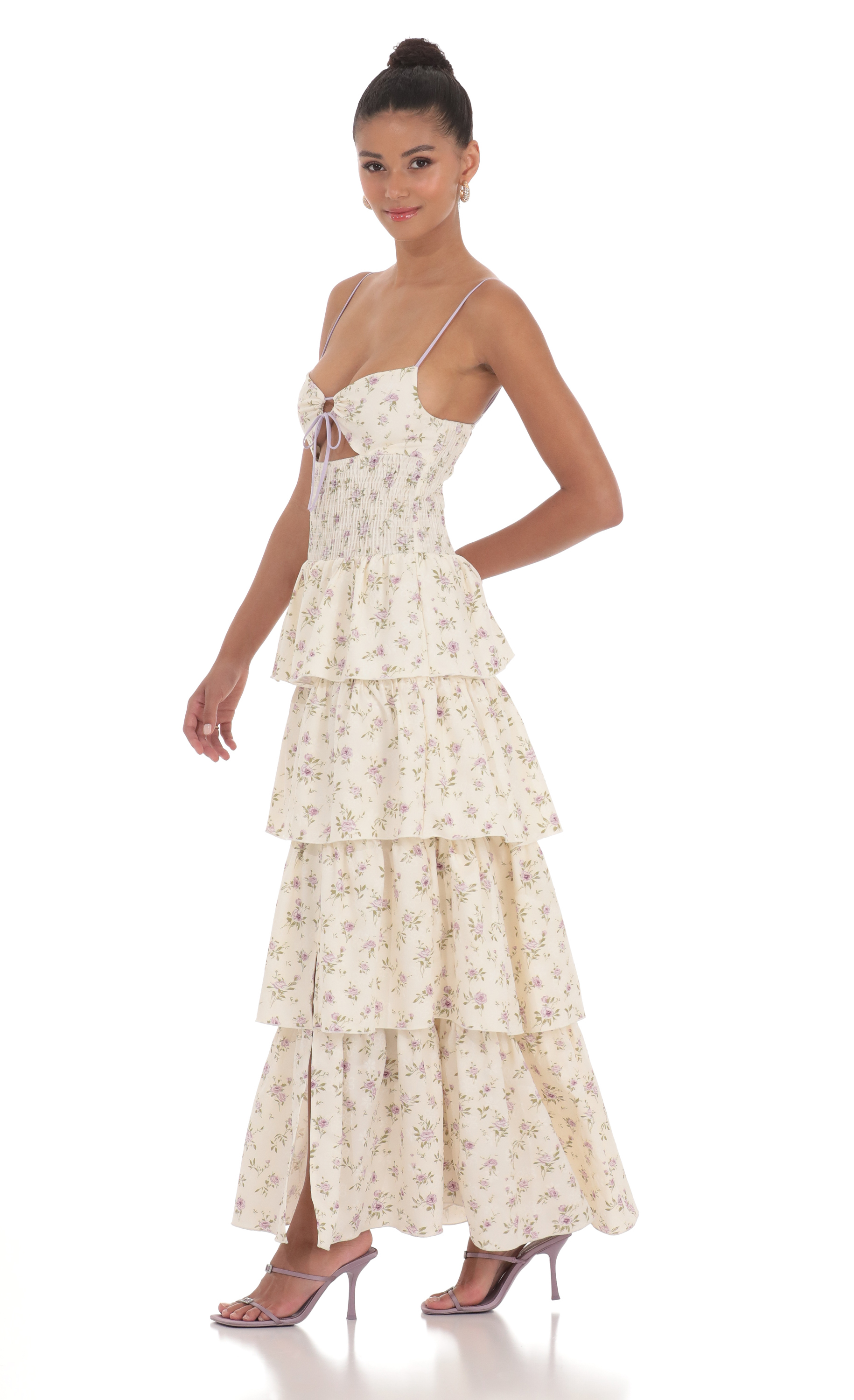 Floral Cutout Ruffle Maxi Dress in Cream | LUCY IN THE SKY