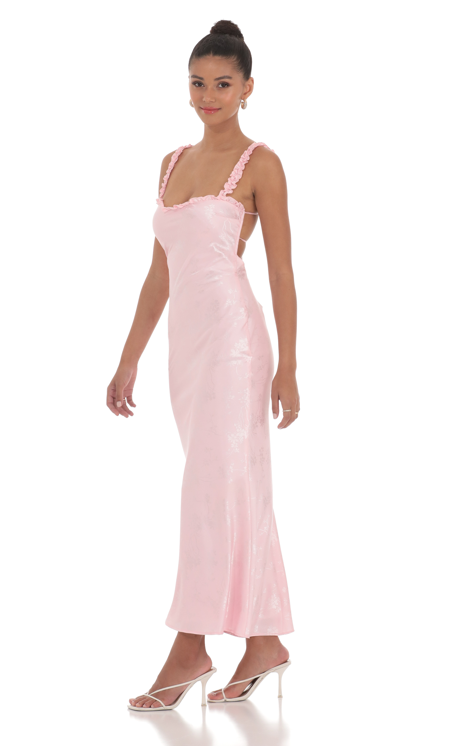 Satin Floral Open Back Maxi Dress in Pink