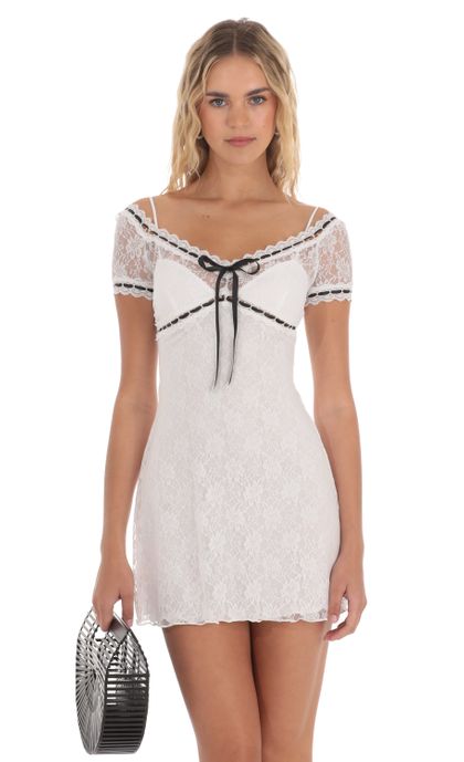 Black Ribbon Lace Dress in White | LUCY IN THE SKY
