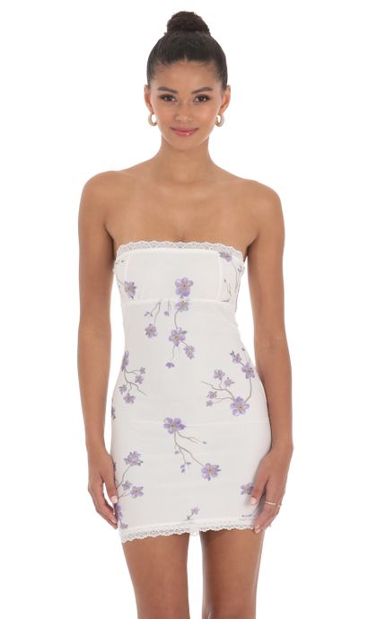 Floral Lace Strapless Bodycon Dress in White | LUCY IN THE SKY