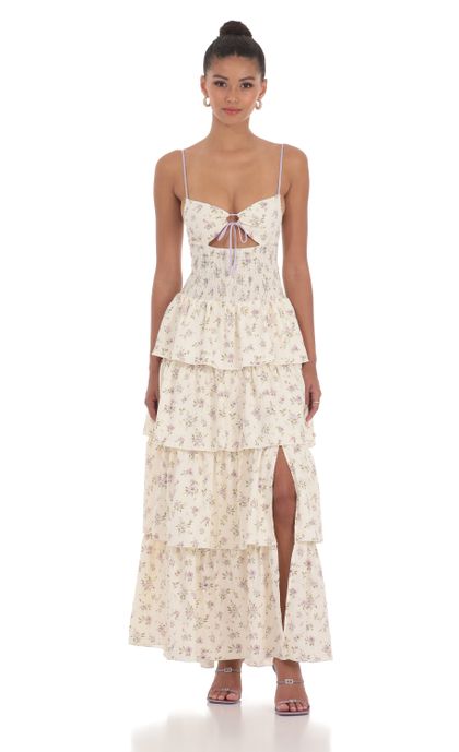 ワンピース herlipto Floral Cut-Out Long Dress Floral Cutout Ruffle Maxi Dress in Cream | LUCY IN THE SKY