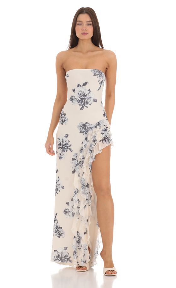 Floral Mesh Strapless Triple Ruffle Maxi Dress in Cream