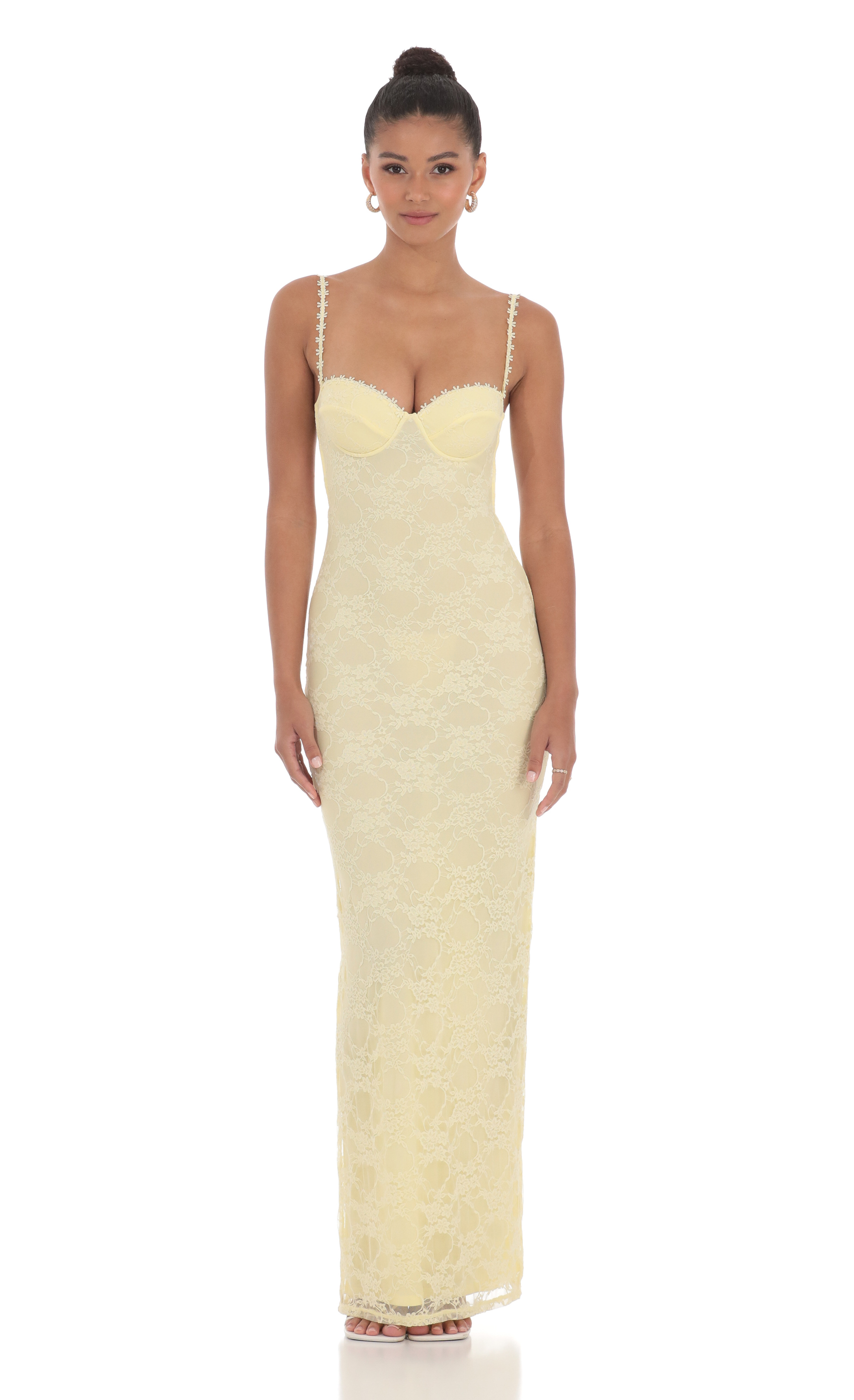 Lace Floral Trim Maxi Dress in Yellow